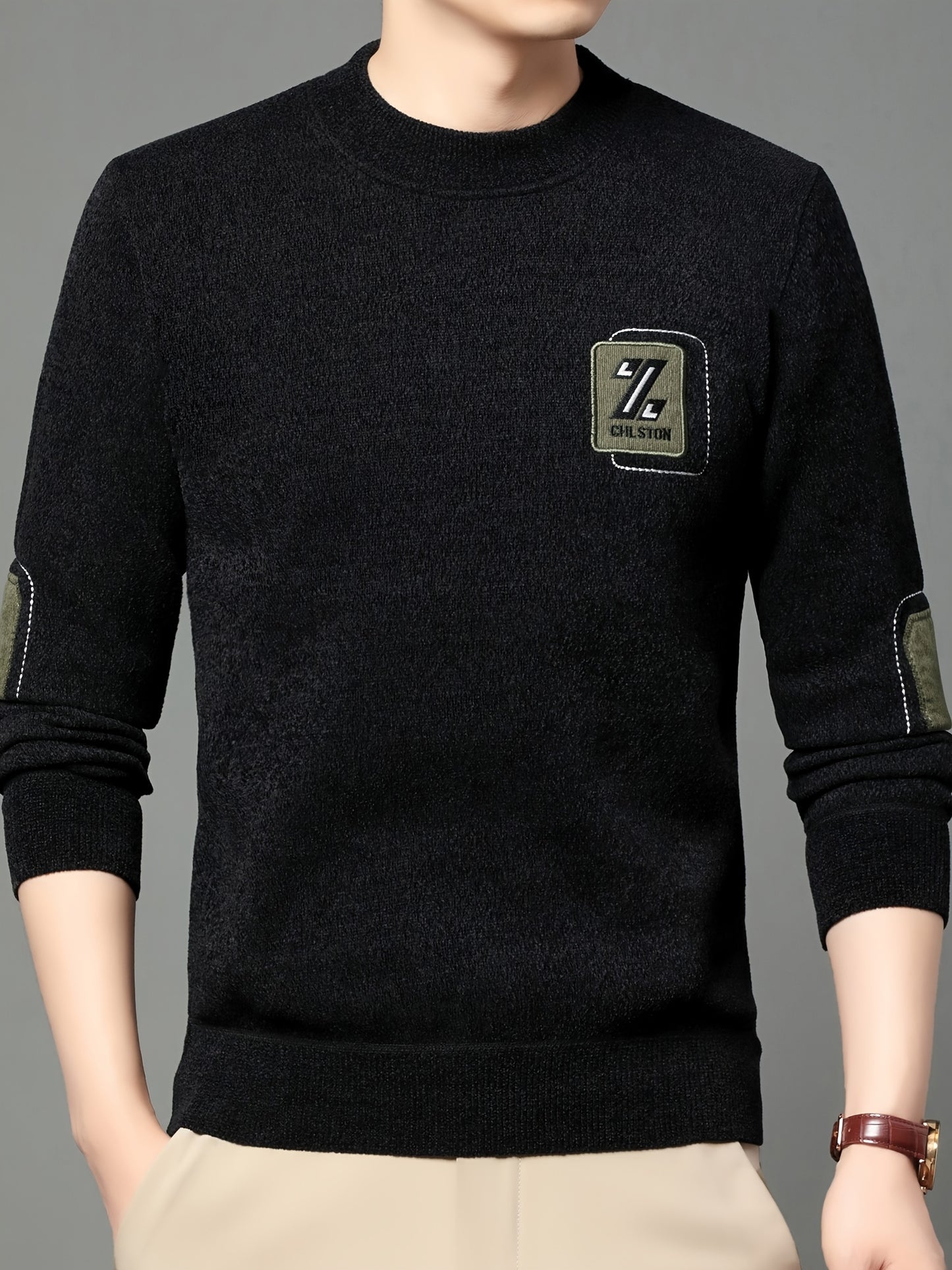 Men's winter sweater with Z letter embroidery, crew neck, long sleeve, slight stretch, regular fit, alphabet pattern, warm knit.