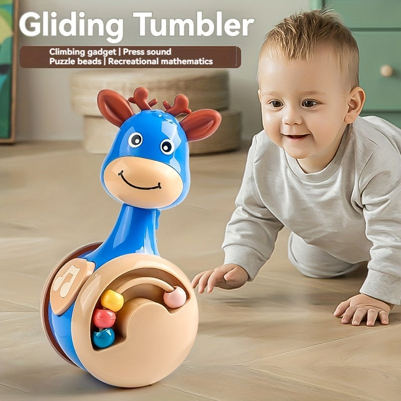 This musical giraffe tumbler toy is a fun and engaging interactive toy for babies and toddlers. It serves as an educational crawling companion with sound effects and colorful beads to keep little ones entertained. Made from durable plastic material, this