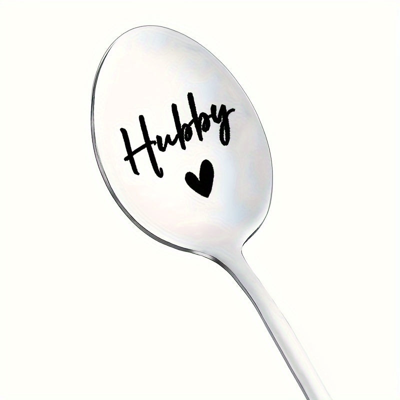 Mirror polished stainless steel spoon with a long handle, perfect for coffee. Engraved with "Hubby" and "Wifey", making it a great gift for couples, husbands, or wives. Ideal for wedding anniversaries, Valentine's Day, or as a love gift for your