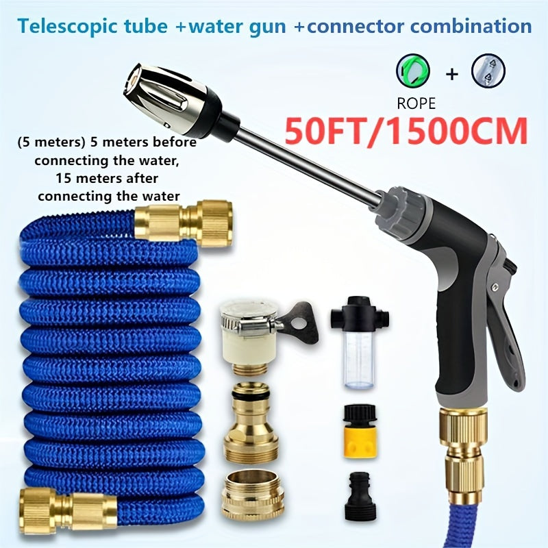 3x telescopic hose combo set for home car washing, floor washing, garden watering, including foam water bottle and high-pressure car wash water gun with telescopic rod.