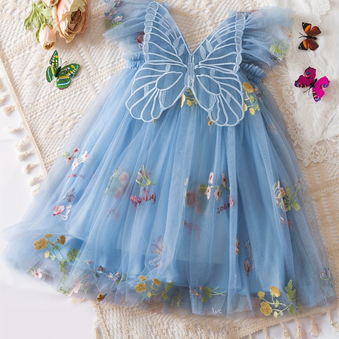 Girls Butterfly Princess Dress with Wings and Floral Mesh - Perfect Holiday Party Gift