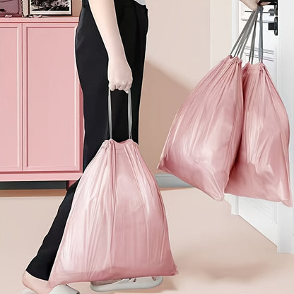 A pack of 70 heavy-duty garbage bags, featuring drawstrings for easy closure. Ideal for use in households, kitchens, and student dormitories.