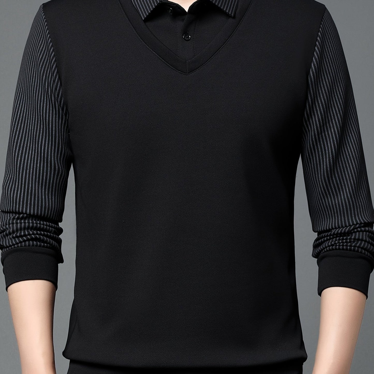 Men's casual long sleeve polo shirt made of polyester and spandex blend with lapel collar, slight stretch striped fabric, and regular fit knit half-placket pullover for spring/fall.