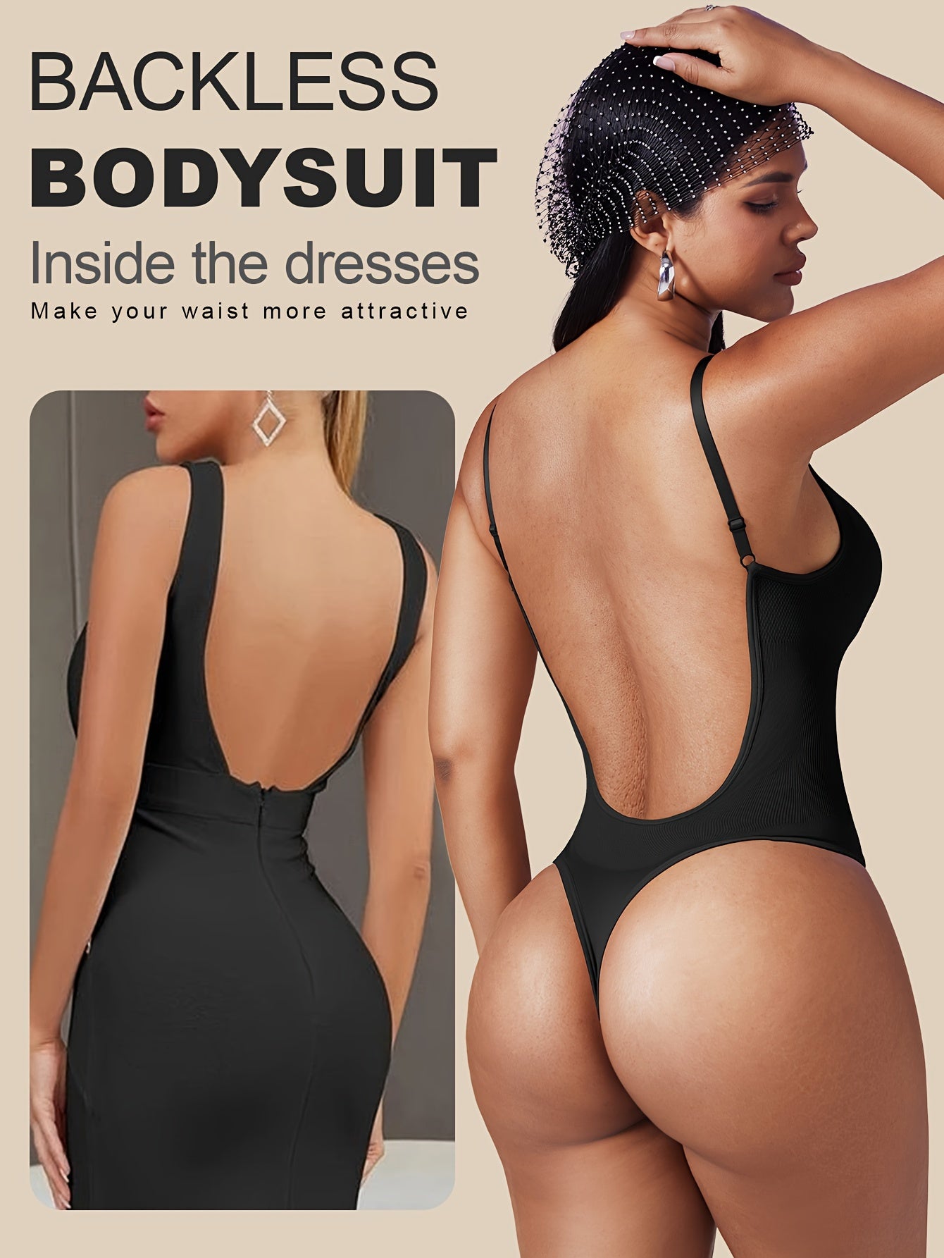 Luviee Backless Bodysuit for women, low support, solid color, hand wash or dry clean.