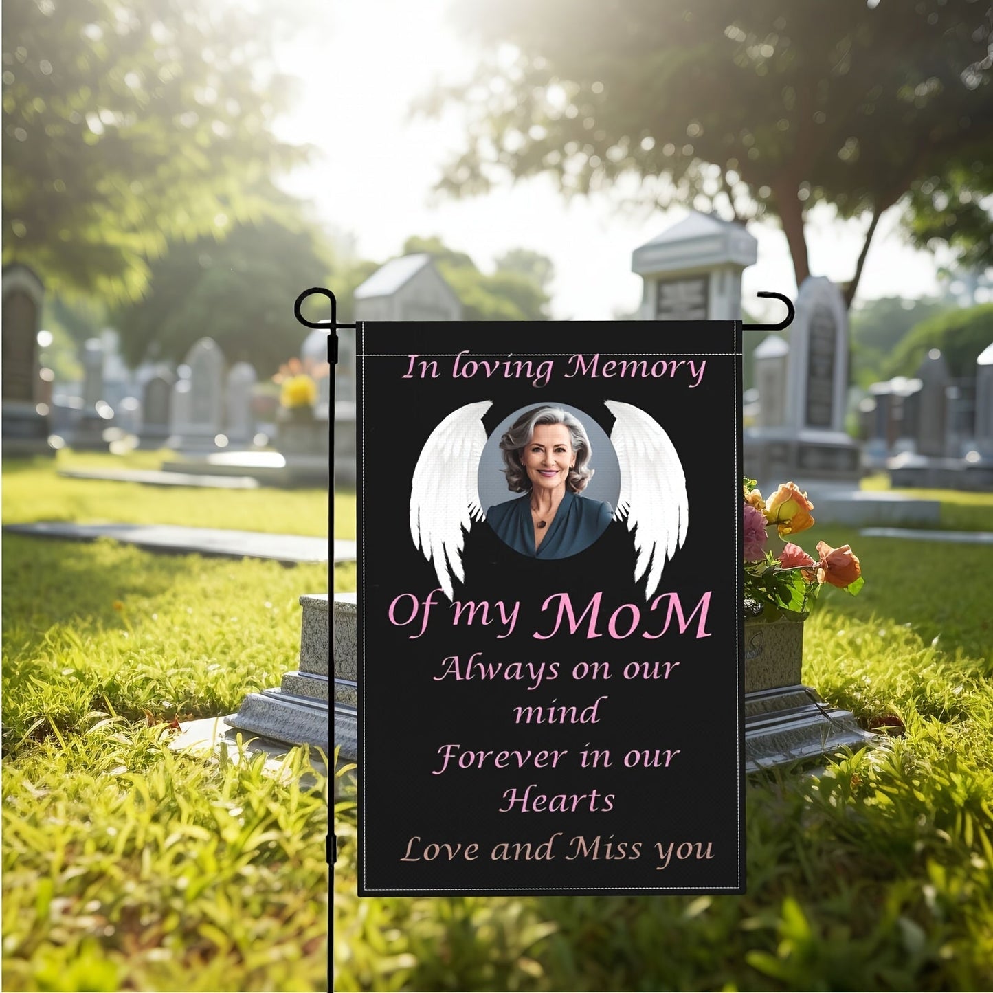 Personalized garden flags featuring a photo of your choice - "MoM Love and Miss You" or a custom heavenly angel photo. A thoughtful memorial gift for the loss of a loved one, suitable for decorating cemetery graves, outdoor yards, and lawns. These flags