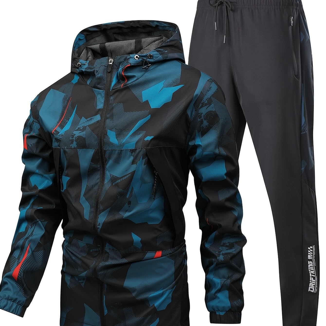 Men's Camo Windproof Athletic Set - All-Season Sports Hooded Jacket & Pants, Quick-Dry, Breathable, Reflective, Full-Zip Gym Suit with Slight Stretch, Polyester & Elastane, Outdoor Fitness