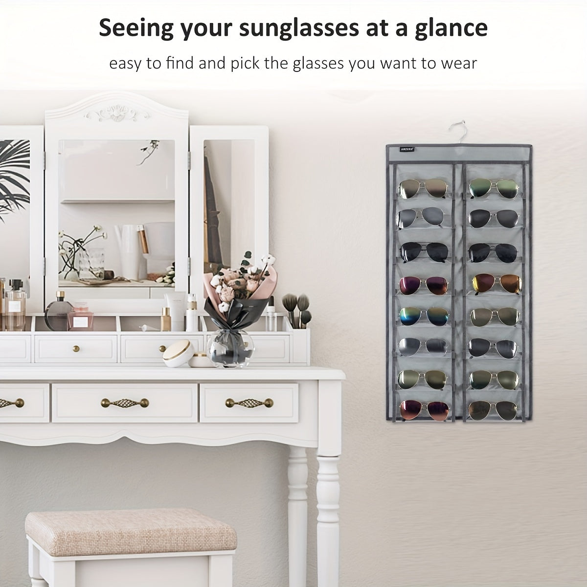 Dual Sided Hanging Sunglasses Organizer with 32 Dust Proof Pockets - Sunglass Rack for Home.