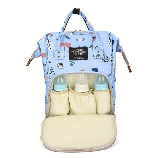 1 Oxford material diaper bag with adjustable shoulder straps, waterproof and stain-resistant, zip closure, polyester lining, cartoon and letter print design for outings.