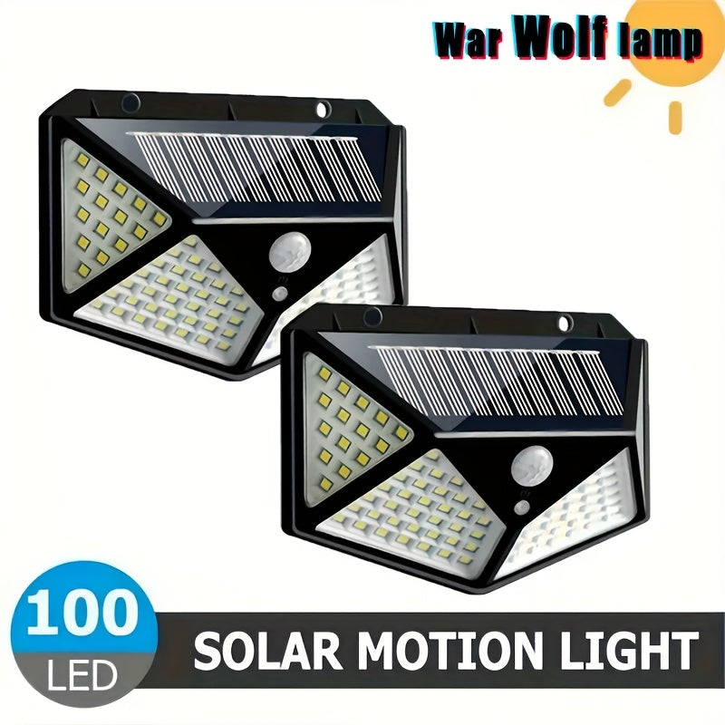 Outdoor security light with 100 LED beads, powered by solar energy and equipped with motion sensor, suitable for garden decoration, garage, and street lighting.