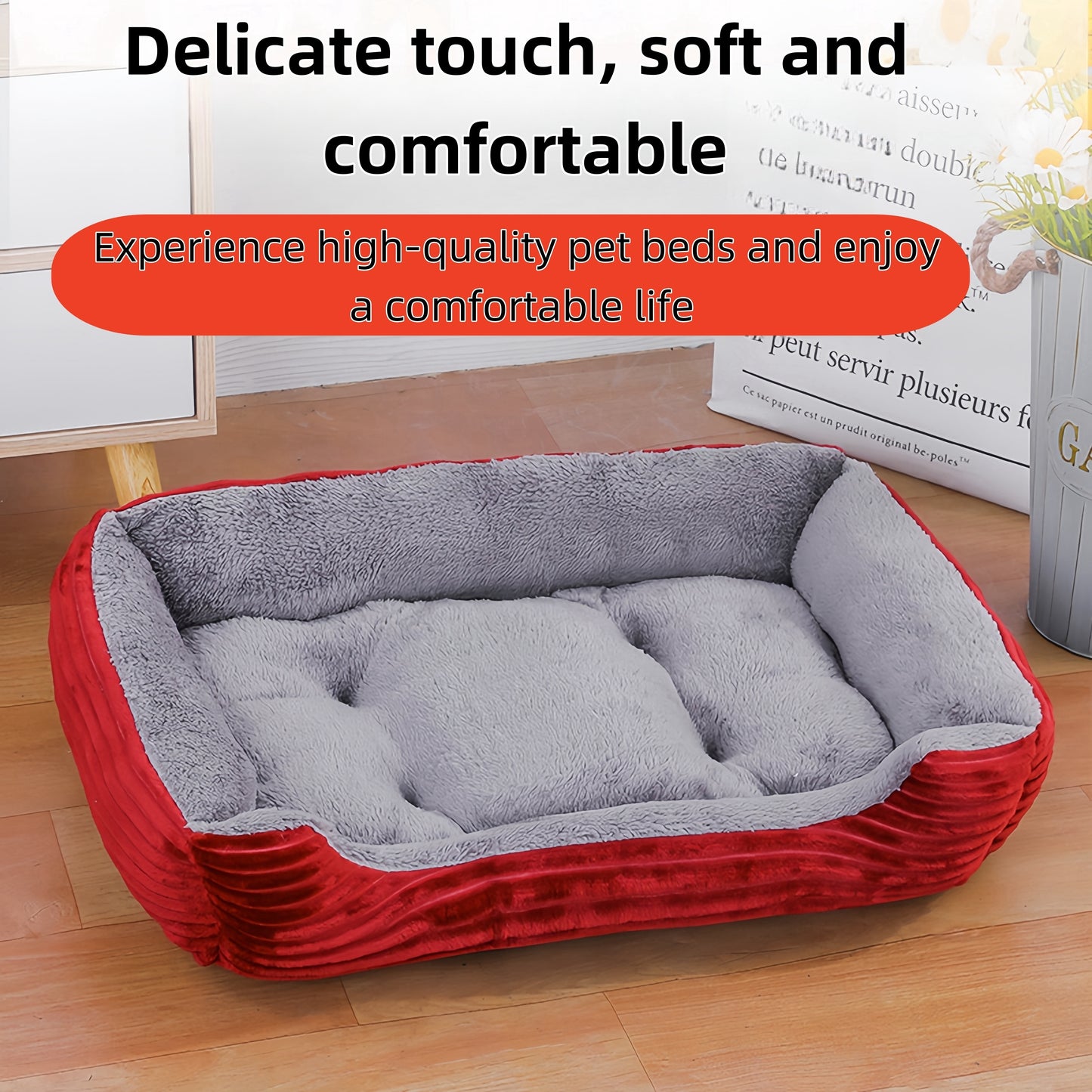 YIWANG Luxury Square Pet Bed, Polyester Fiber, Non-Slip Moisture-Proof, All-Season Warm Dog & Cat Bed for all breeds - Gray XL