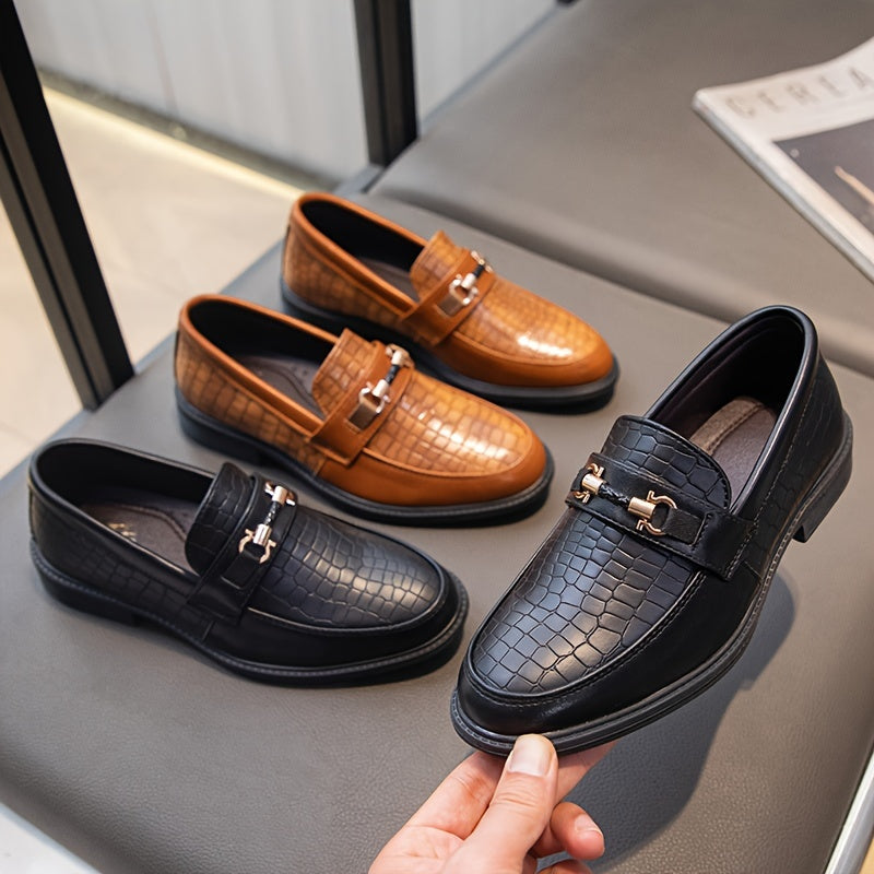 Vintage-inspired slip-on loafers with elegant British style, faux leather, breathable, suitable for business and casual wear. Features a pointed toe and TPR sole. Comes in black and brown