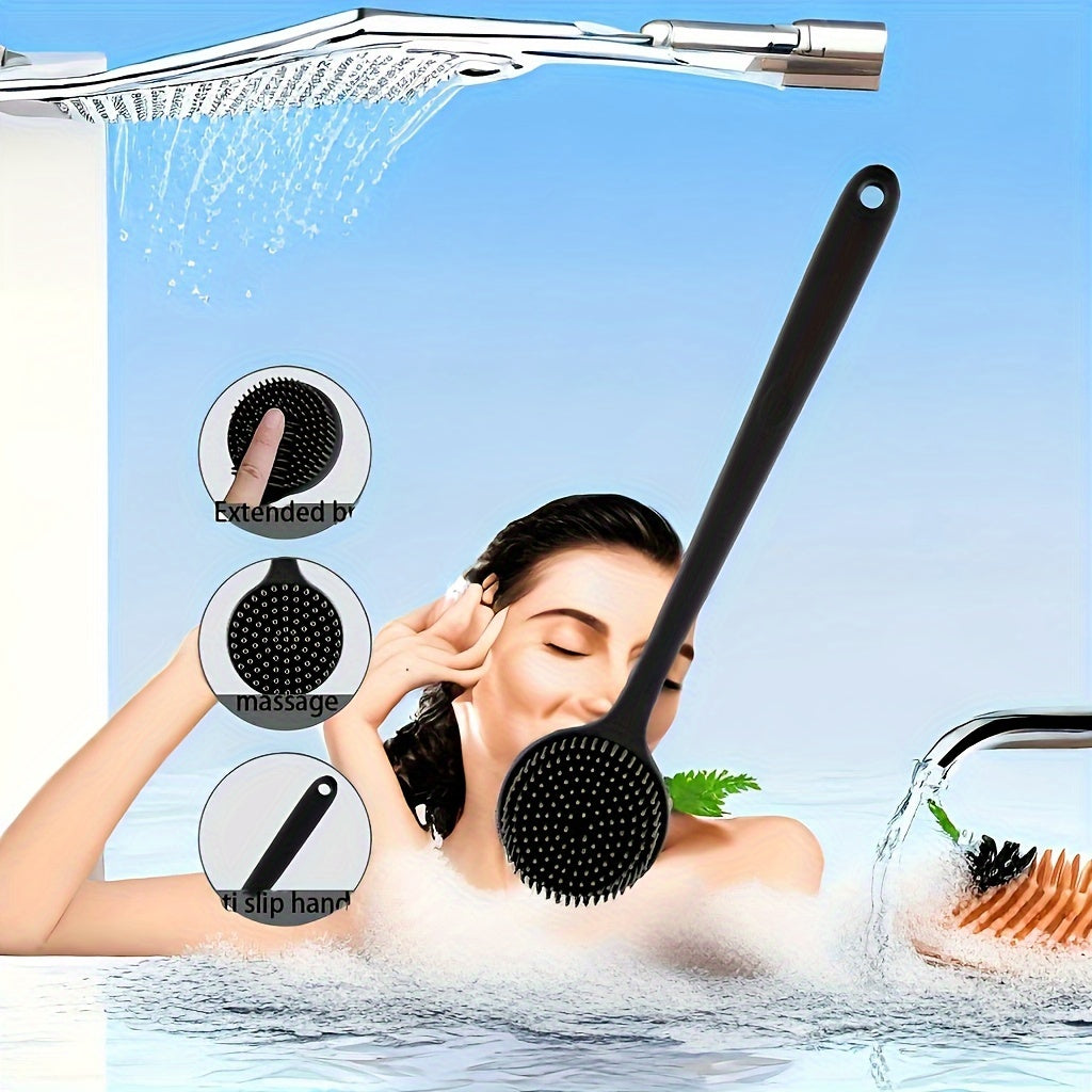 Gentle, silicone long-handle bath brush for deep cleaning and skincare, no batteries needed.