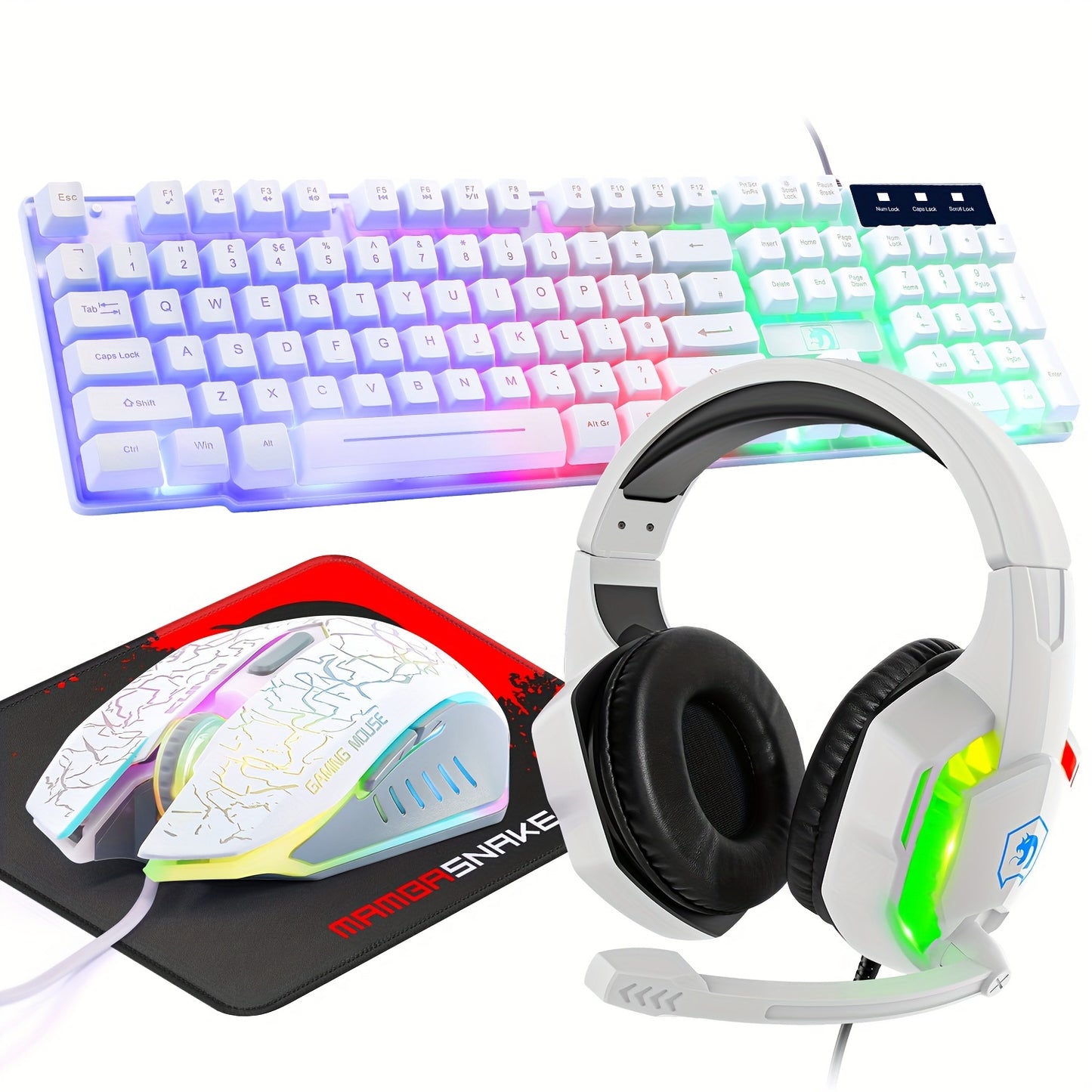 Combo set includes rainbow LED backlit wired gaming keyboard, over ear headphone with mic, rainbow backlit gaming mice, mouse pad for PC, laptop, Mac, PS4, Xbox.