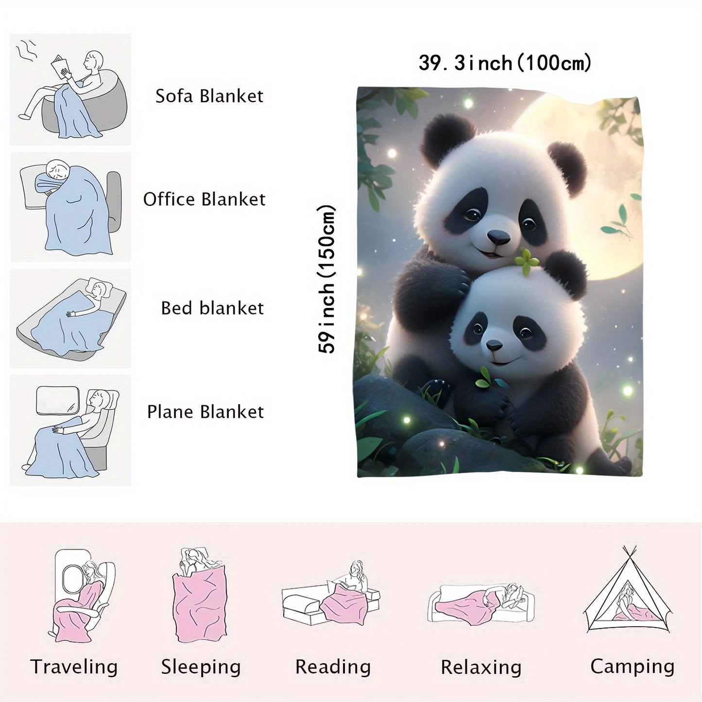 This cozy flannel blanket features an adorable panda print and can be used in various ways, such as on the sofa, bed, office, or as a shawl. It is also perfect for covering your legs during wild camping trips. This multi-purpose throw blanket is soft and