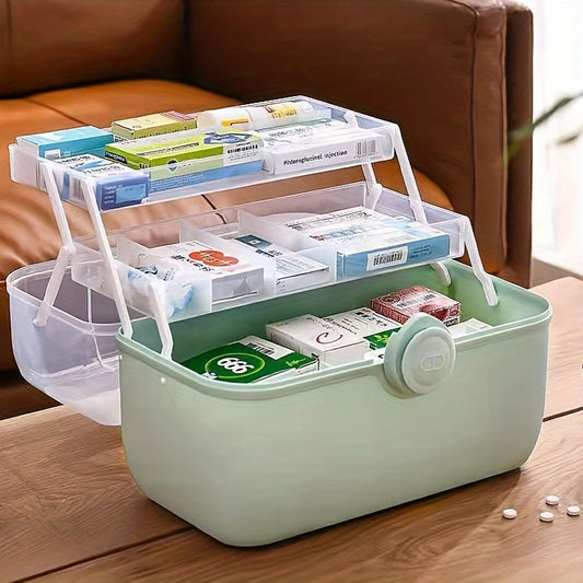 Portable first aid kit with pill organizers for large family medicine storage crafted from durable plastic for home organization.