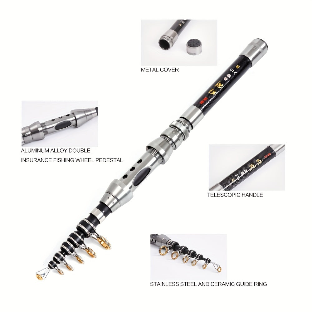 Telescopic fishing rod made of carbon fiber; adjusts from 1.5m to 2.4m for saltwater casting.