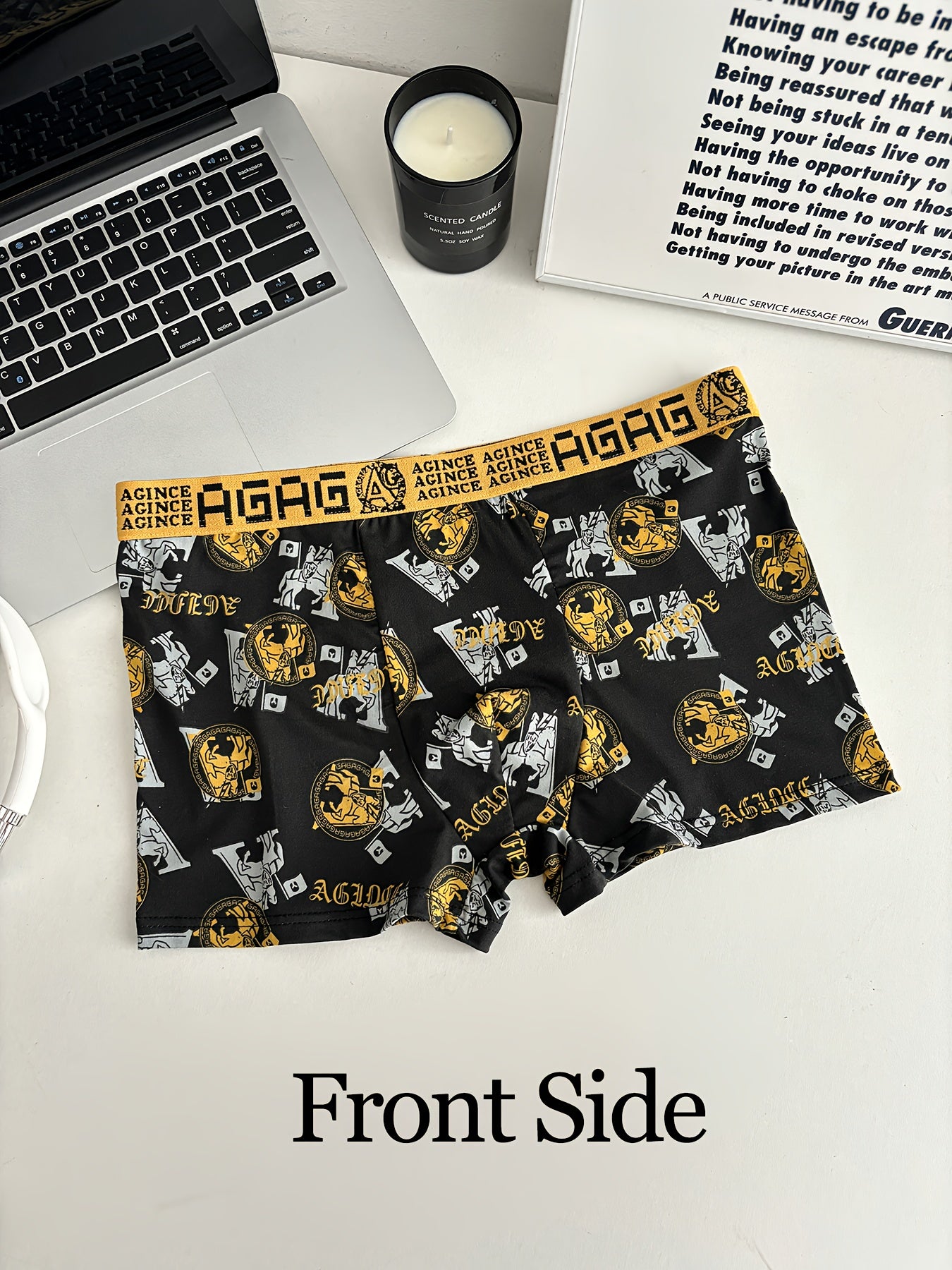 Men's Stylish Golden Print Boxer Briefs - Comfy, Breathable Set for Casual Wear, 6pcs