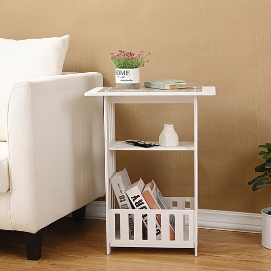 Modern Nordic minimalist wooden storage table with shelves, suitable for use in the bedroom or living room. This non-waterproof wood organizer has a multipurpose design and can also be used as a trunk.