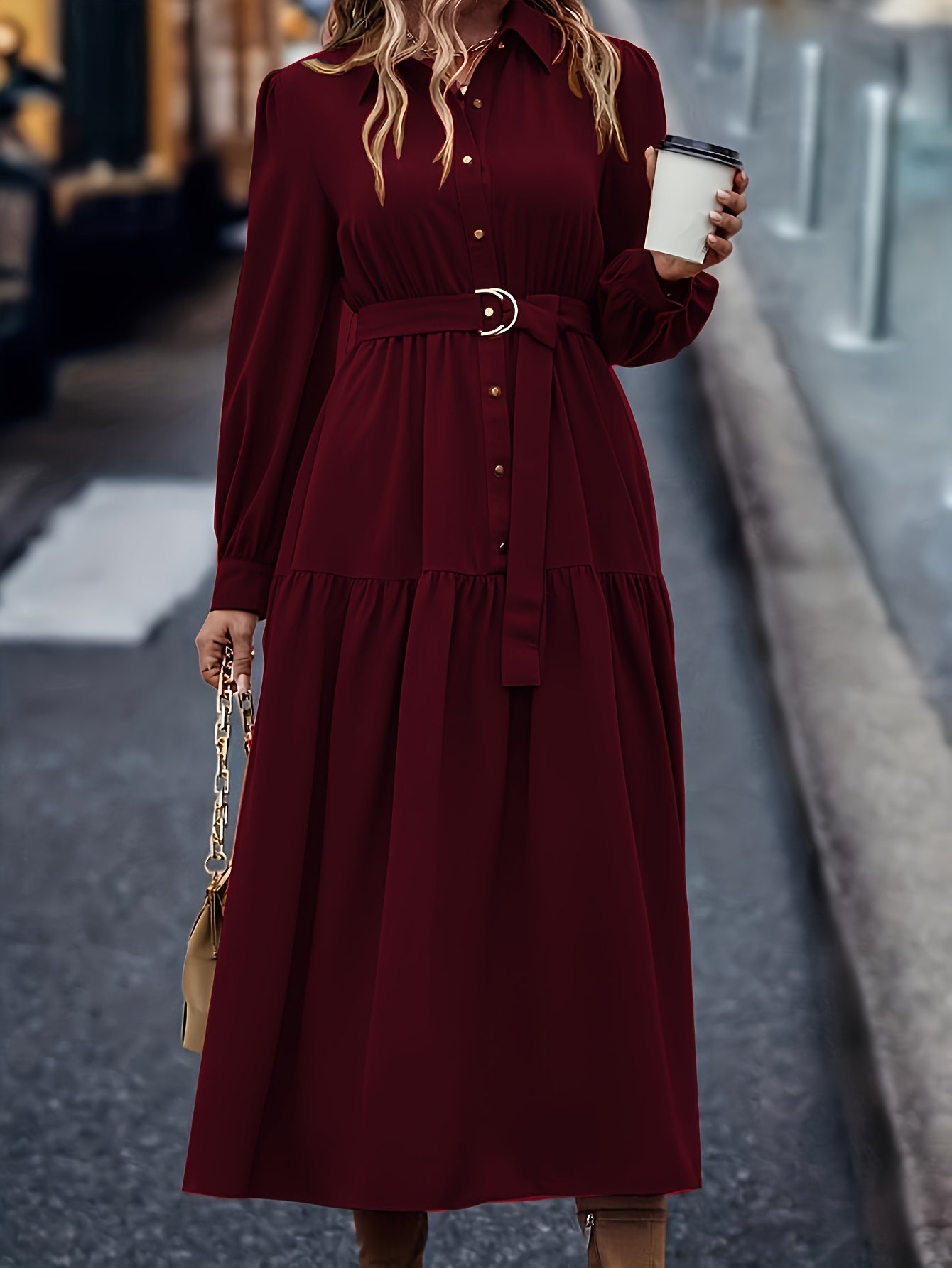 Middle-Eastern style polyester shirt dress with lantern sleeves, ruffled hem, and button details - A-line woven midi dress suitable for spring/fall.