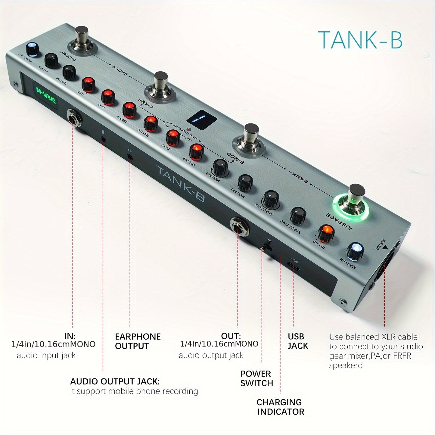 M-VAVE TANK-G Гитарный эффект-педаль с шумоподавителем, 9 слотами предусилителя, 3-полосным эквалайзером, модуляциями, задержками, реверберациями, слотами IR CAB, тюнером, приложением и программным обеспечением для ПК, USB зарядка, мобильная запись