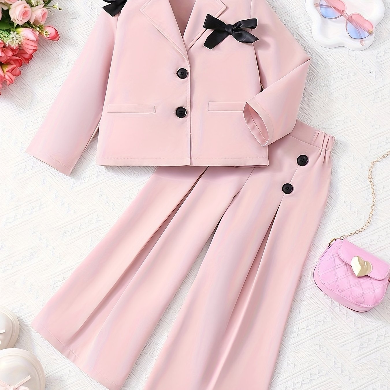 Stylish youth pantsuit with long sleeve jacket, bow detail, wide-leg trousers. Stretchy polyester, ideal for spring/fall outdoor occasions.