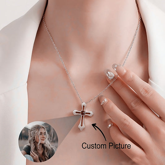 Get a Personalized Picture Engraved on Stainless Steel Cross Pendant Necklace: Elegant Jewelry for Women, Perfect for Daily Wear & Mother's Day Gift, All-Season Holiday Favorite