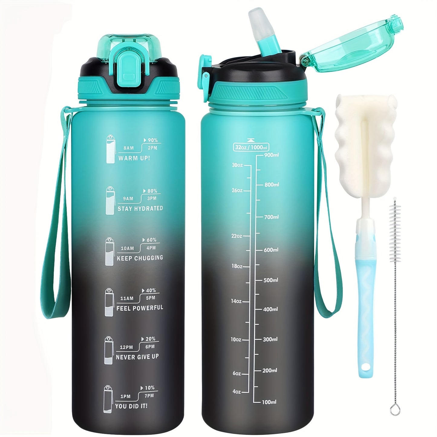 Durable 1L sports water bottle with straw, BPA-free, time marker for various activities.