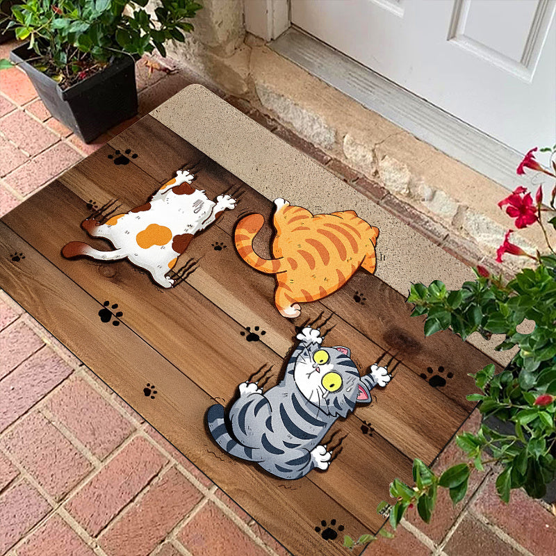 Charming cartoon cat doormat with vintage wood grain design, perfect for any indoor or outdoor space.