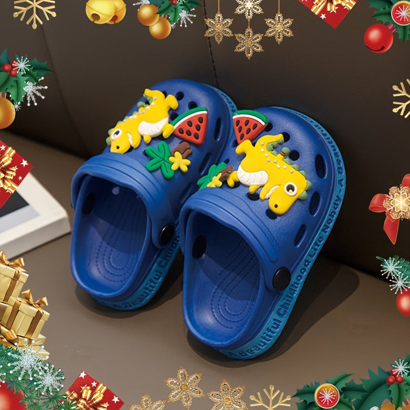 Kids Cartoon Dinosaur Clogs in EVA material, breathable slip-on sandals for boys and girls. Suitable for indoor and outdoor use, including in the garden, beach, and stream. Casual style for