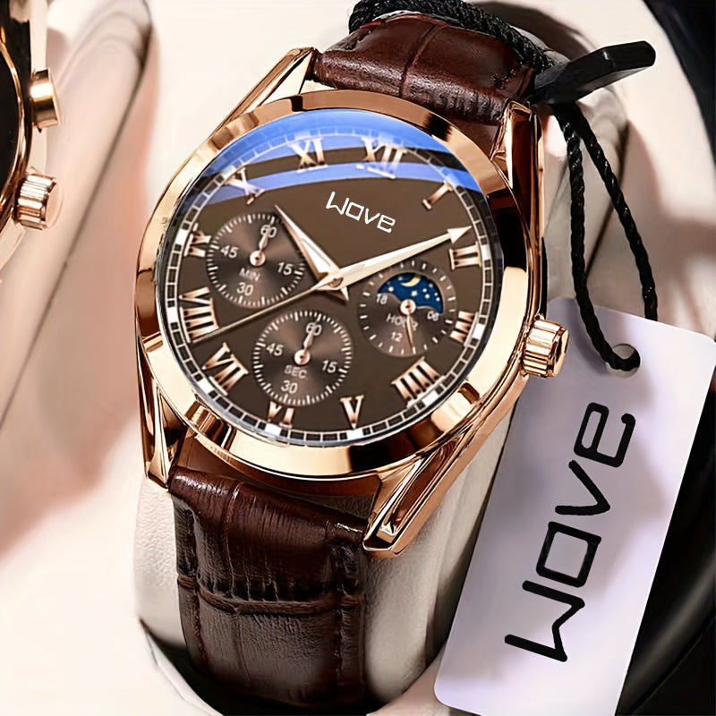 Men's Fashion Quartz Watch: Business-style round alloy case with PU leather strap and non-rechargeable battery.