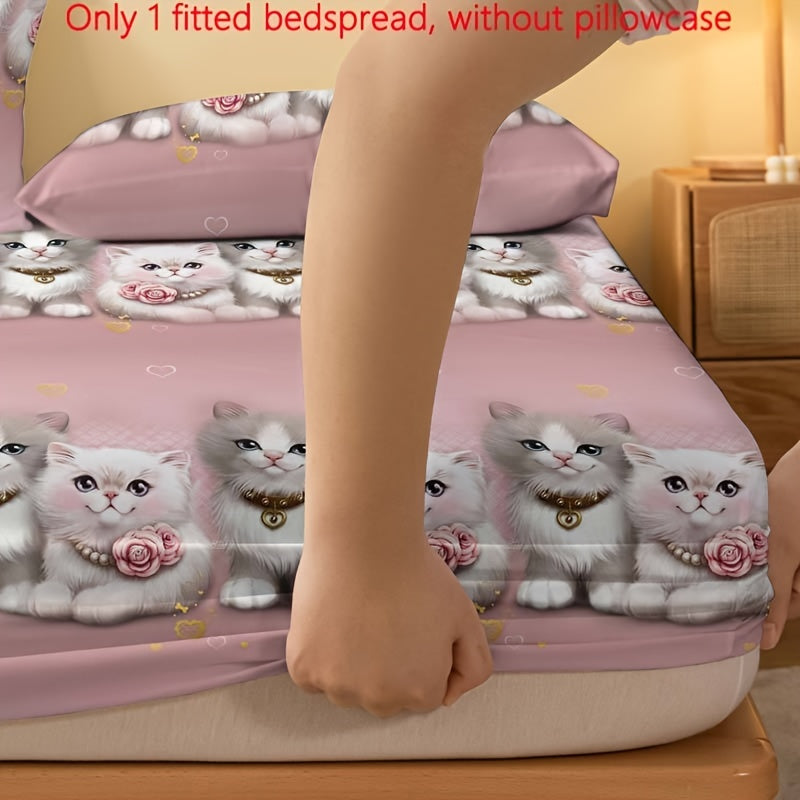 Printed Fleece Bed Sheet with Cute Cat Design, Perfect for Couples in the Bedroom, Complete Bedding Set