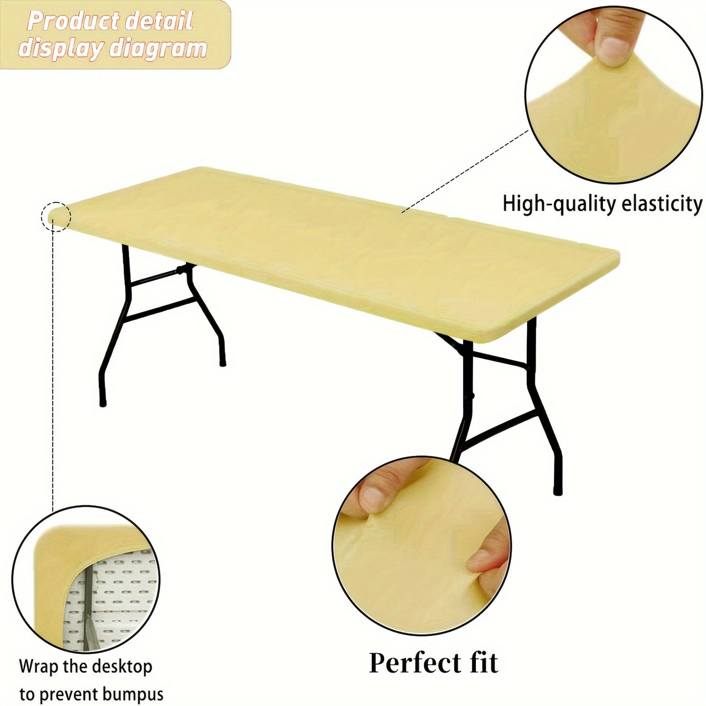 Rectangular half-wrapped polyester tablecloth with elastic edges, perfect for outdoor events and parties.