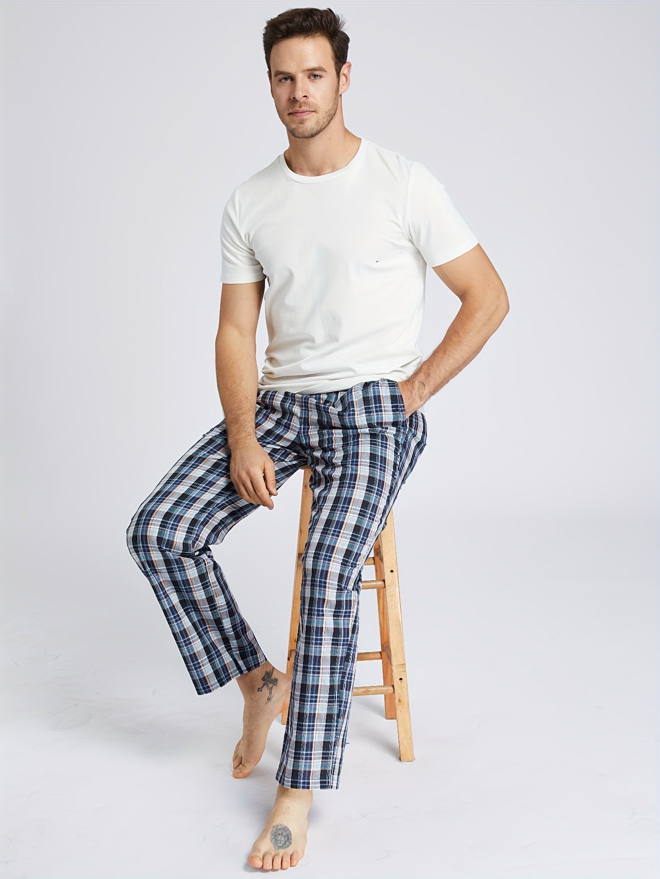 Men's Cotton Plaid Lounge Pants with Pockets