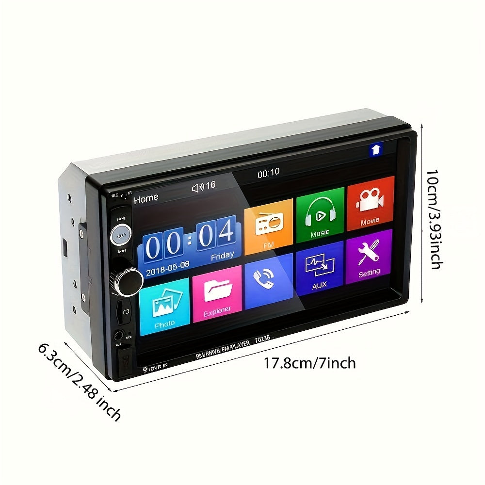 7-inch touch screen car stereo with MP5 multimedia player, FM/USB/AUX/RC SD function, steering wheel control, and mirror link support.