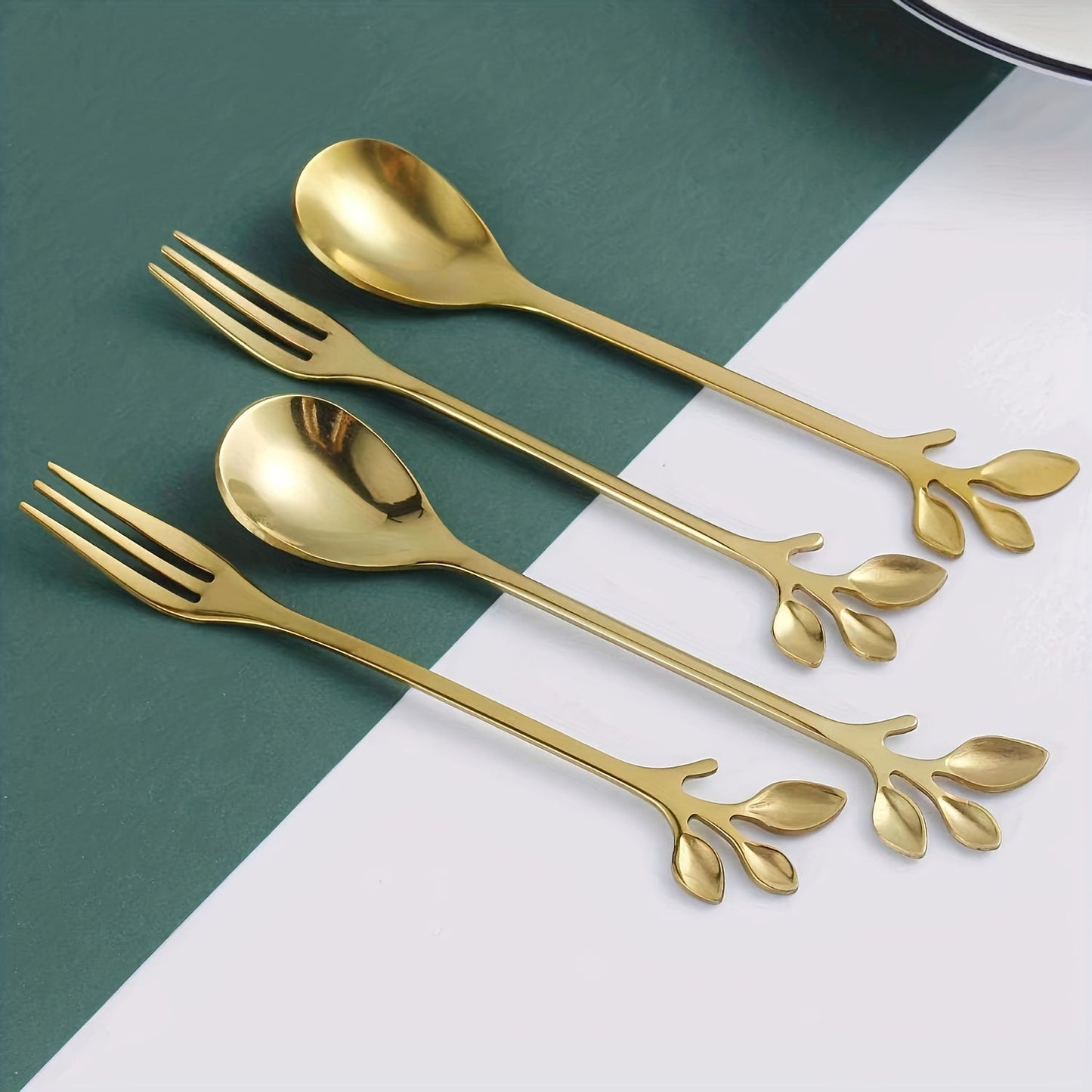 Set of 10 elegant kitchen utensils, including golden stainless steel cherry blossom spoons and forks. Perfect for dining and entertaining, this flatware set combines functionality with a touch of sophistication.