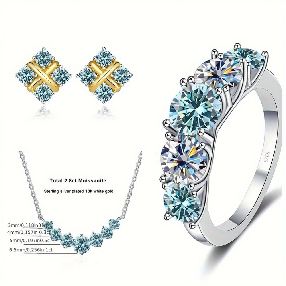 Luxurious 4-Piece Jewelry Set featuring a 7.2ct Total Moissanite Necklace Pendant, Earrings, and Ring - made with 925 Sterling Silver. Perfect Holiday-Themed Gift Set for Weddings, Christmas, Anniversaries. Comes in a beautiful Gift Box.