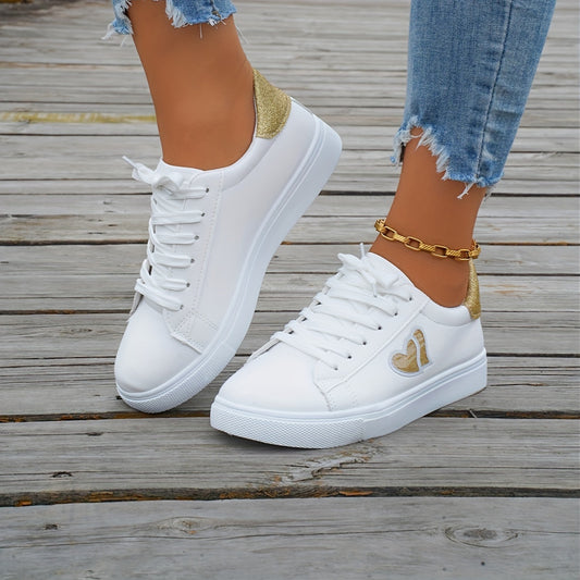 Womens White Heart Accent Fashion Sneakers with Lace-up, Rubber Sole, and Soft Footbed. Washable.