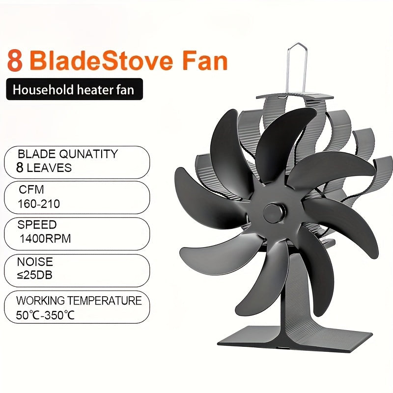 Aluminum 8-Blade Stove Fan for Wood Burning Fireplaces, Achieving High Speed Silent Operation through Heat Power, Enhancing Air Circulation without Electricity, Complete with Accessory Kit and Painted Finish - Perfect Household Heater Fan