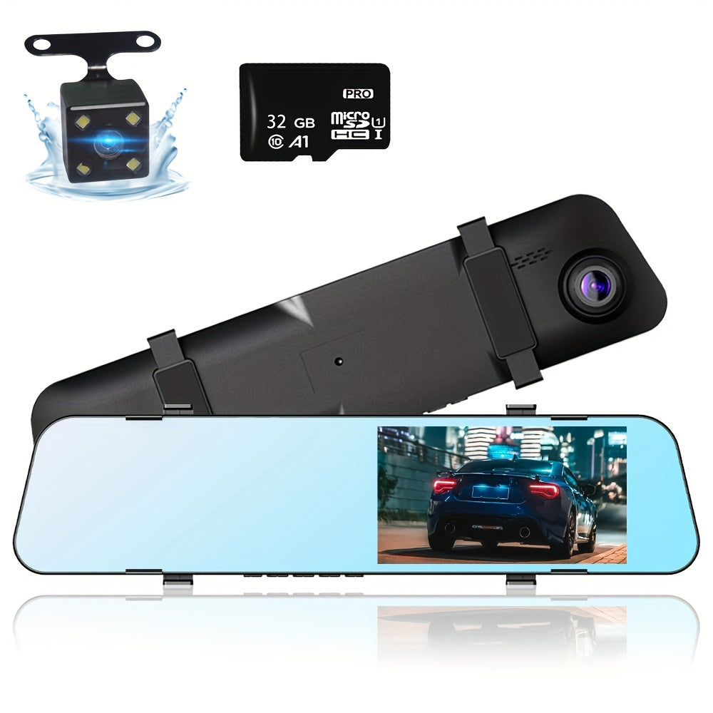 5-inch screen dash camera for cars with front and back recording, loop recording, and wireless capabilities. Mirror dash cam with DVR.