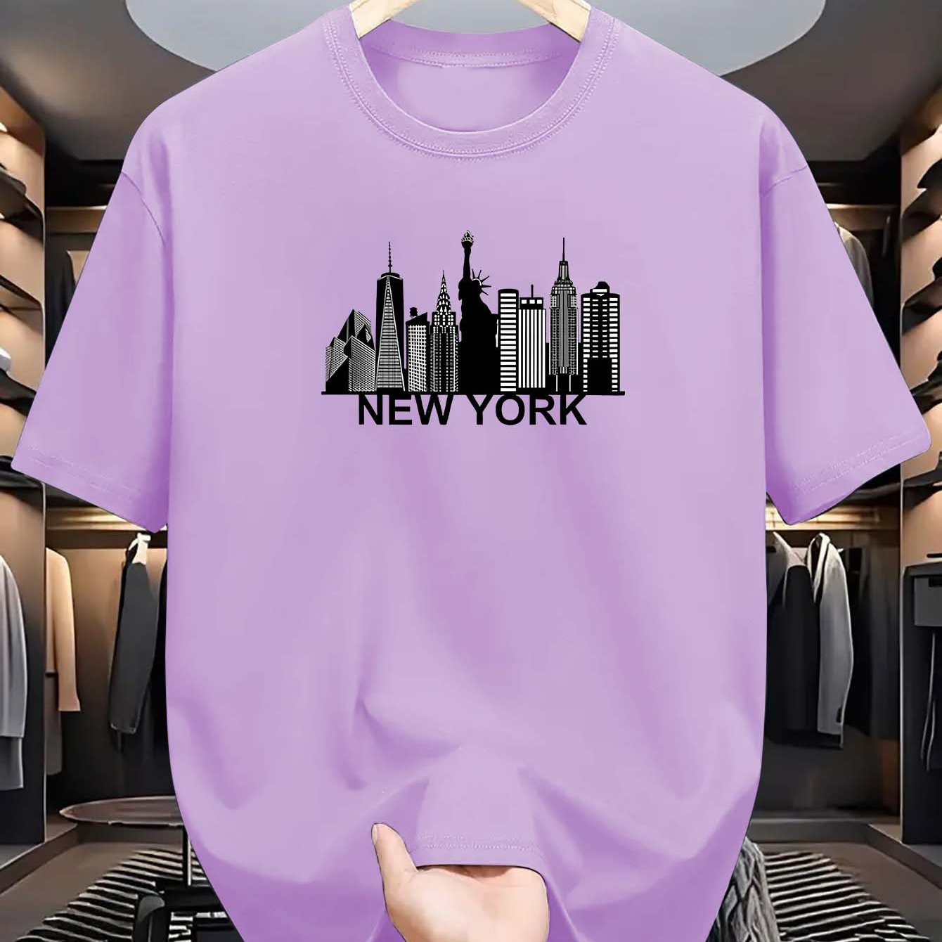 Men's light blue New York City skyline graphic t-shirt for everyday comfort. Casual polyester tee with short sleeves, round neck, and machine washable. Summer fashion essential.