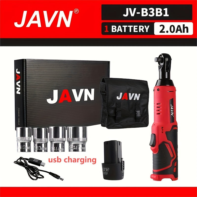 JAVN 12V Cordless Electric Ratchet Wrench Set with USB Rechargeable Lithium Battery for Car Repair and Nut Removal.