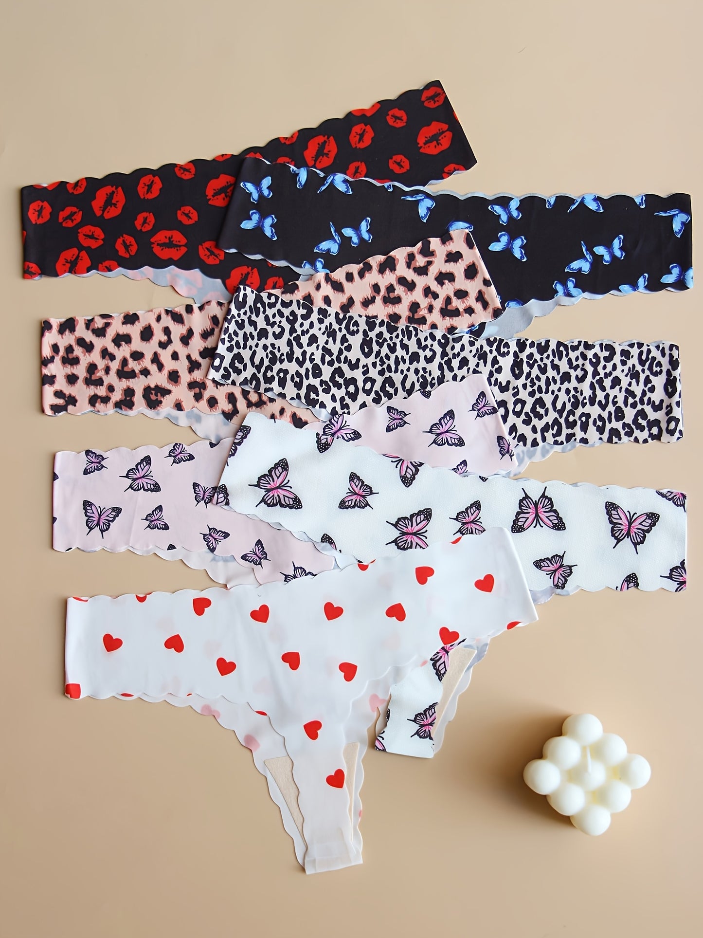 7pcs Printed Women's Seamless Panties in Cute Butterfly and Red Lips Patterns