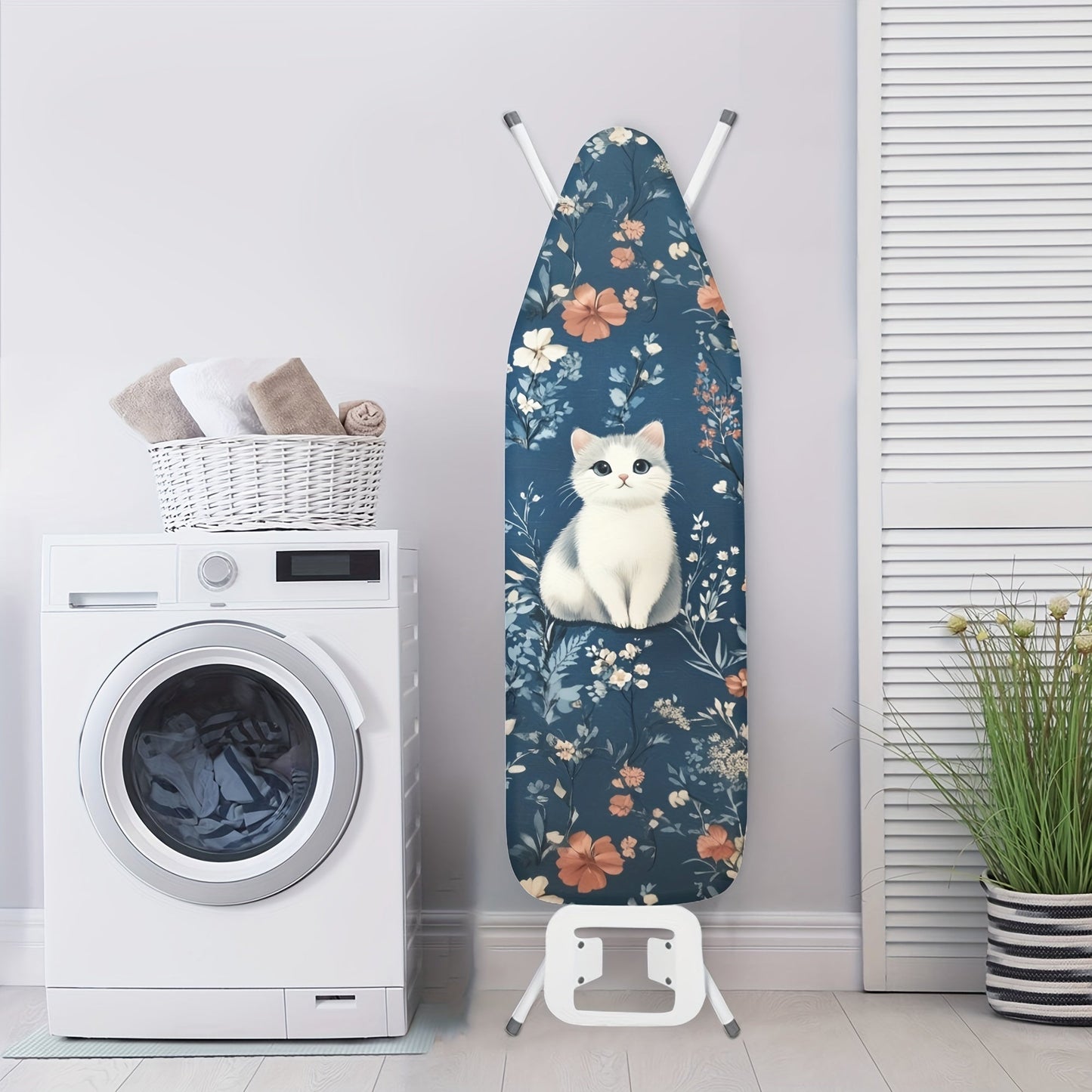 Chic White Cat Floral Ironing Board Cover with Elastic Edge - Effortless Installation, Dust-Proof Shield for Stylish Home Décor