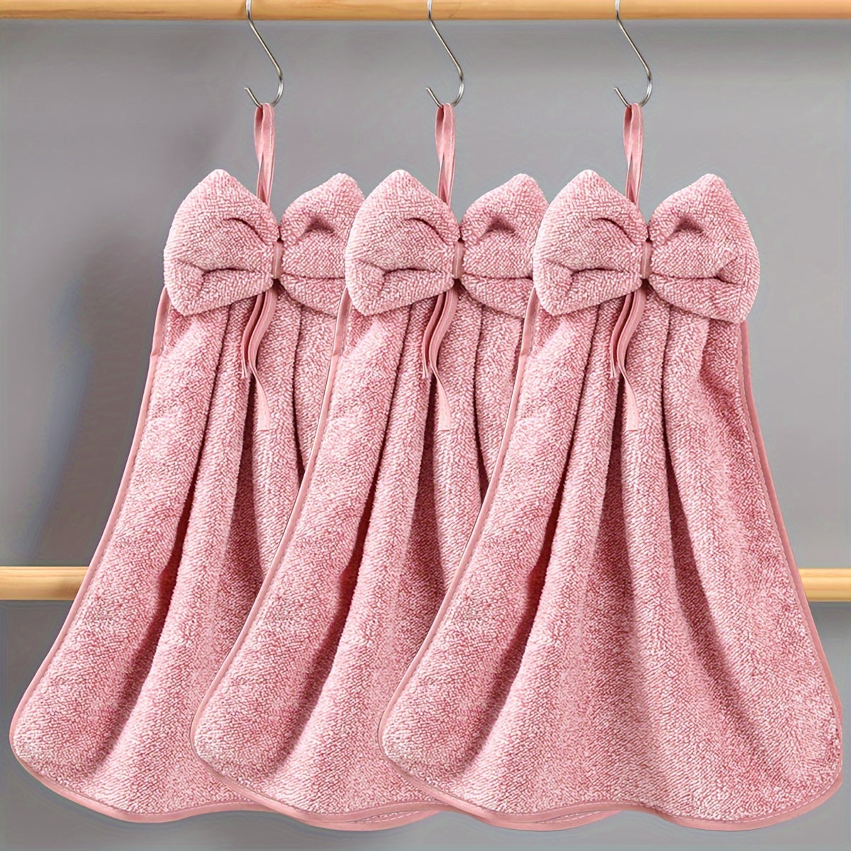 3pcs Bowknot Hanging Hand Towels, Coral Fleece, Quick Drying, Absorbent, Soft, Kitchen and Bathroom Towels.