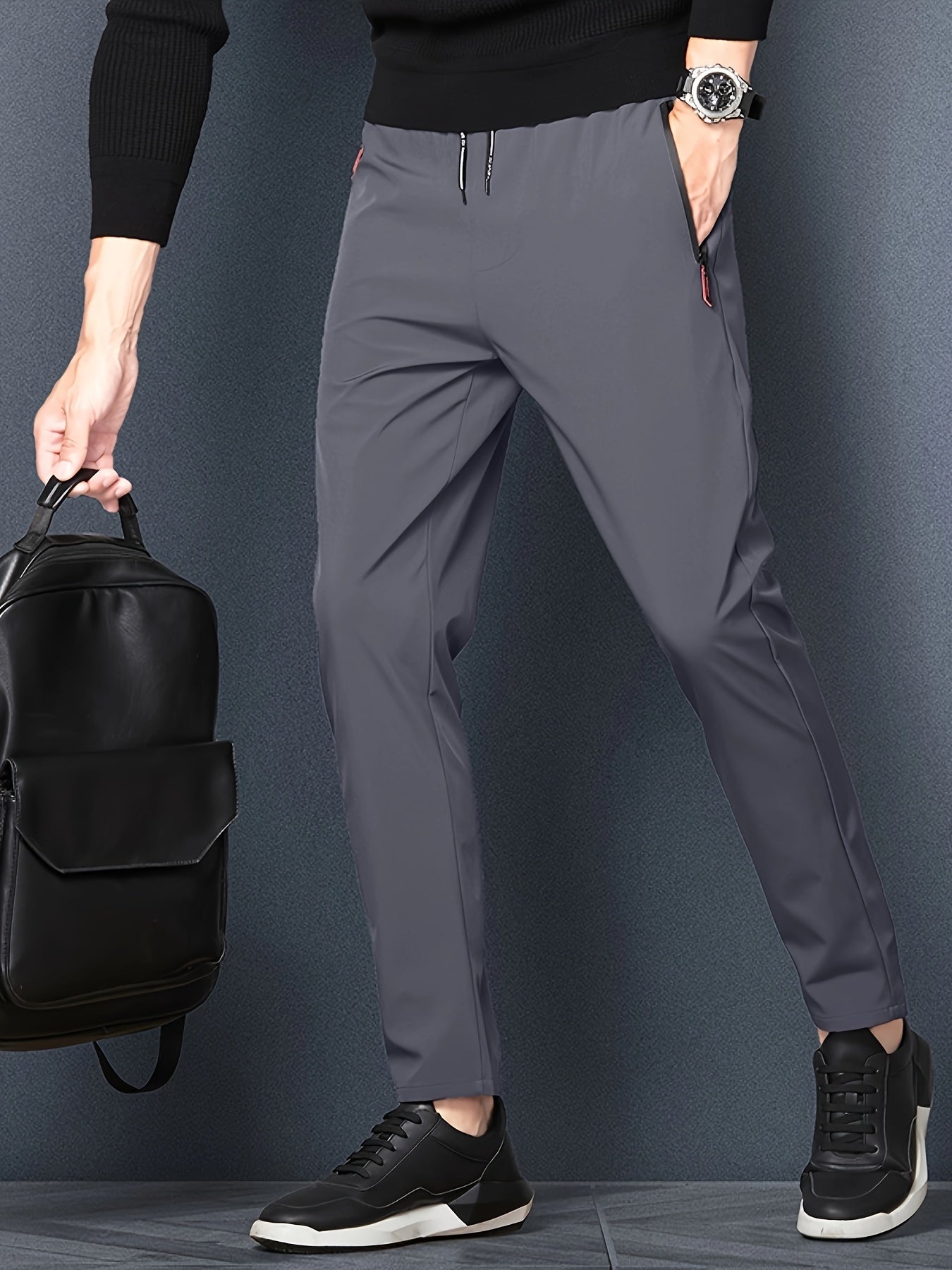 Men's classy casual straight leg pants made of polyester non-stretch fabric with zipper details. Regular fit, weighing 110g/㎡, suitable for golf and ideal for spring/summer, available in