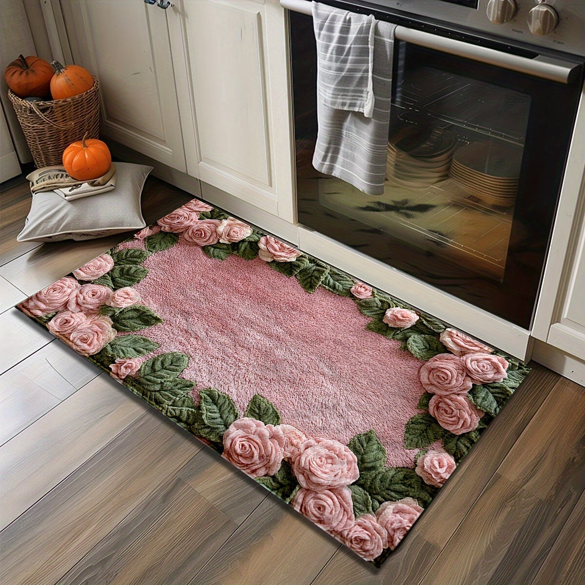 Stylish Pink Rose Non-Slip Bath Mat - Machine Washable, Low Profile with TPR Backing, Knitted Fabric for Bathroom, Bedroom, Kitchen & Entryway - Ideal for Winter Home Decor, Suitable for Outdoor Areas