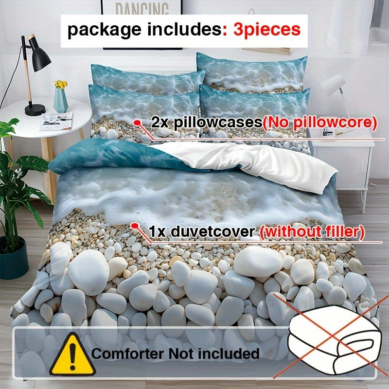 3-piece Serene Beach Pebble Bedding Set: Soft & breathable polyester duvet cover and pillowcases with oceanic blue and white marble pattern. Features zip closure and is machine washable for