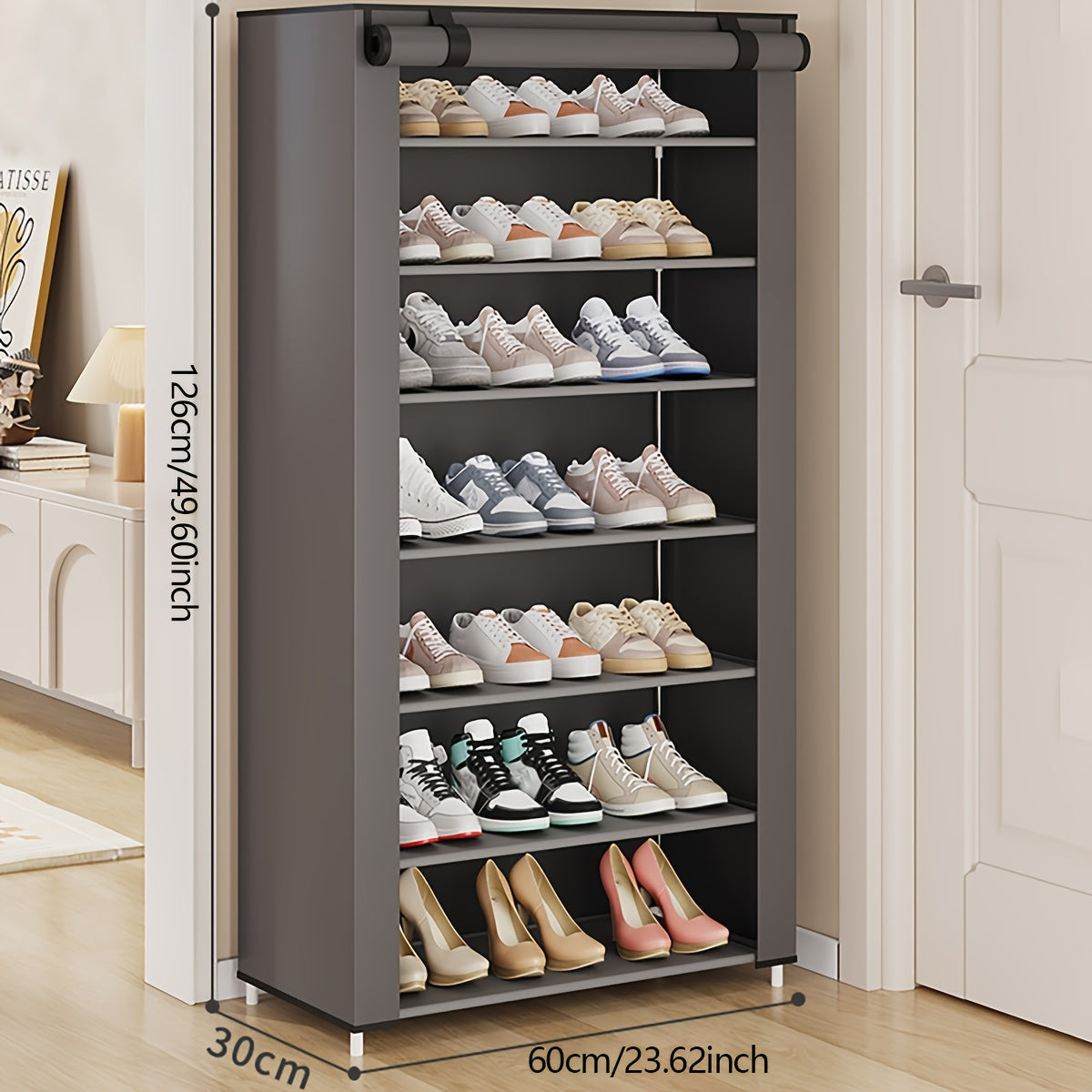 Compact shoe rack with cover, fabric material, simple assembly, high storage capacity, portable for home, dorm, or entryway, available in multiple layers and sizes.