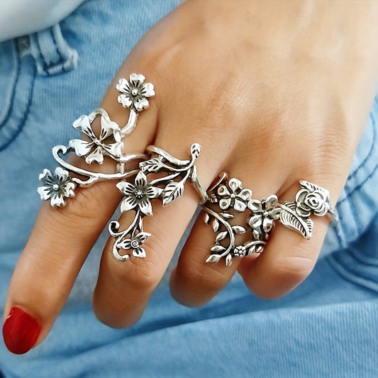 Set of 4 Women's Antique Silvery Hollow Pattern Rings, Featuring Ethnic Style Stackable Designs