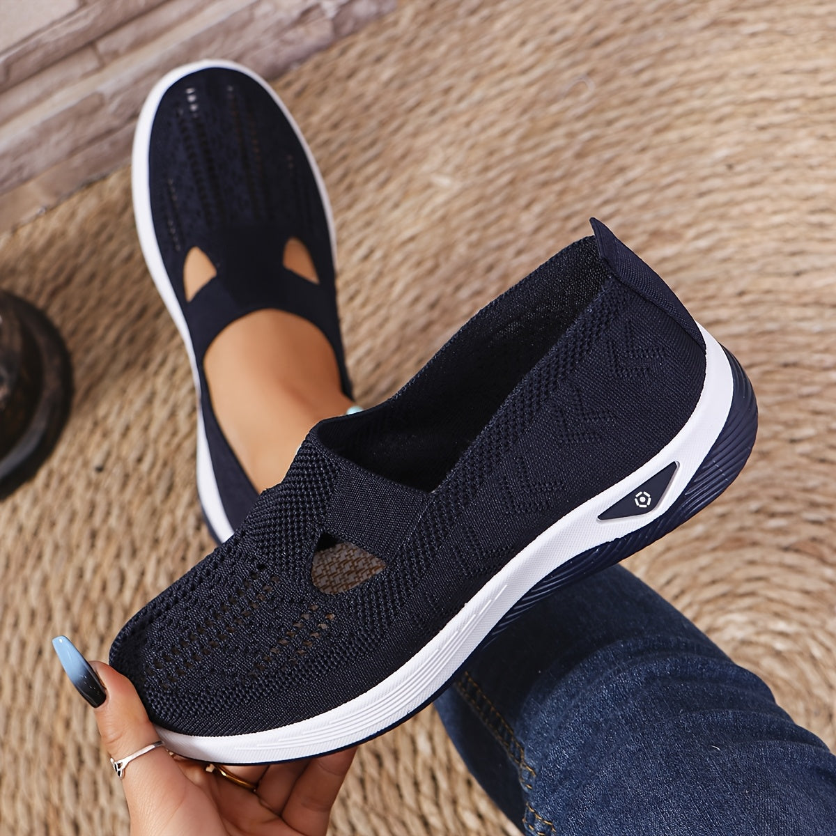 Women's lightweight knitted sneakers with PVC sole, fabric insole and upper, all-season wear, slip-on closure, machine washable.